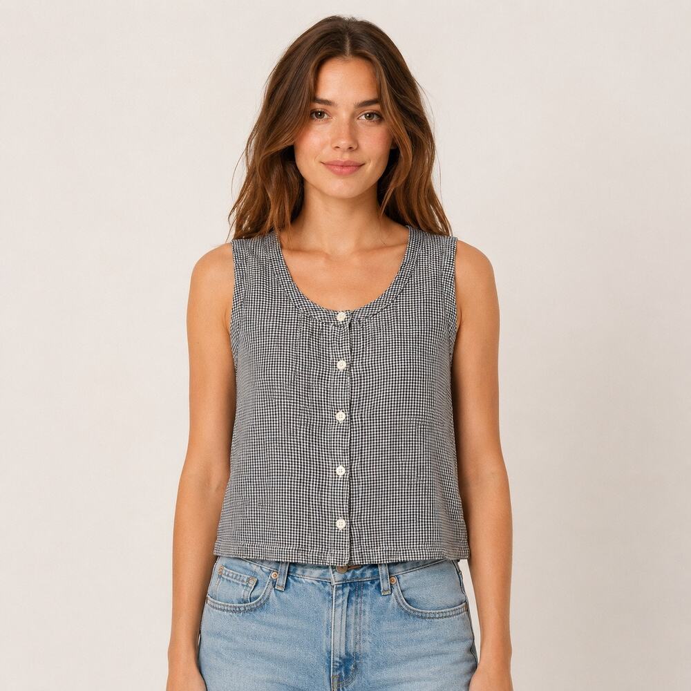 Vintage Cotton Gingham Crop Top Shirt Blue & White Check Cottagecore M/L -